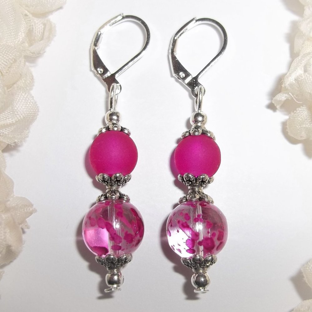 Magenta and Silver Earrings, Drop Earrings, Pink Earrings, Beaded Earrings, A102 - Picture 1 of 8